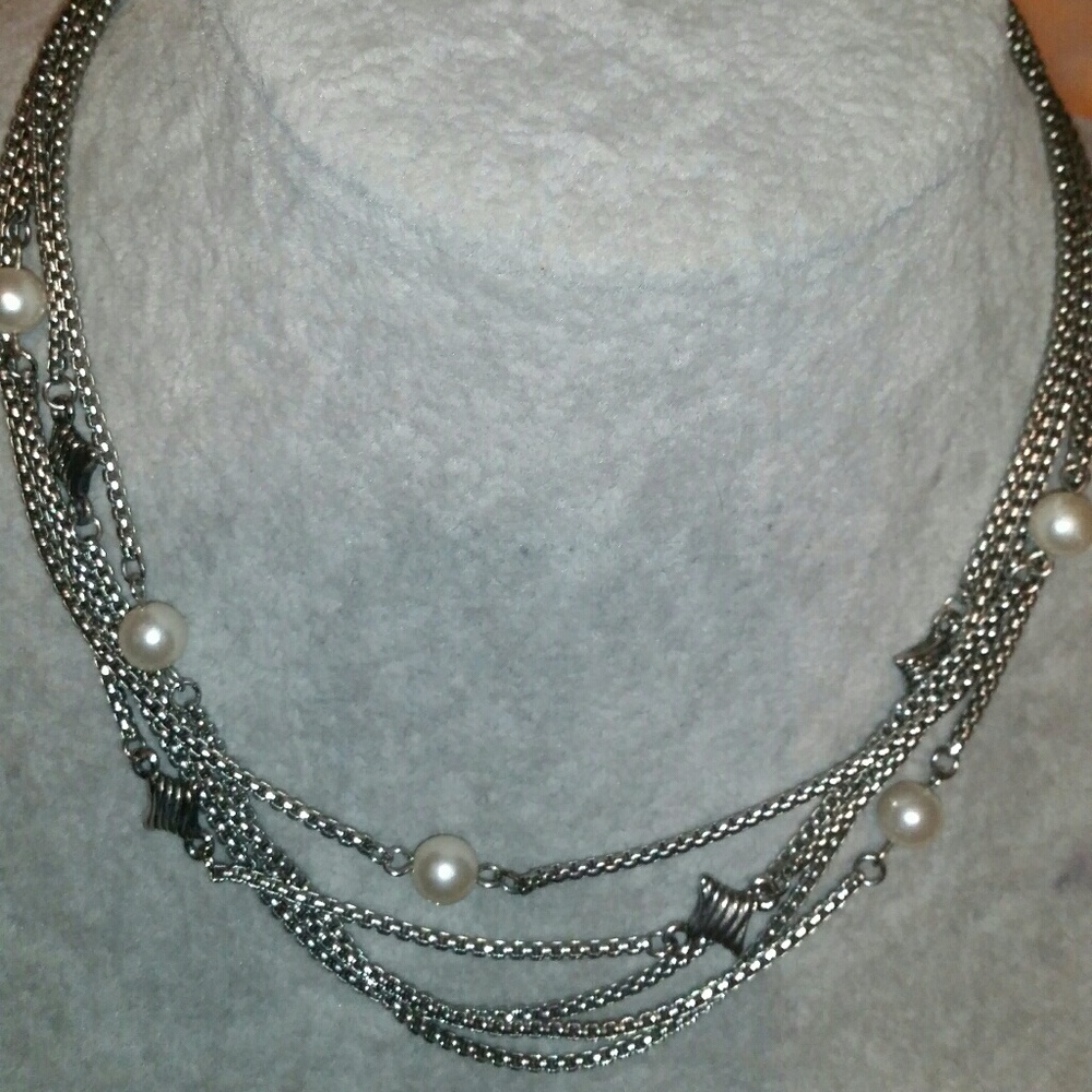 Silver, 5 Multi-Chain, Pearl & Textured Silver Squ - Picture 2 of 5